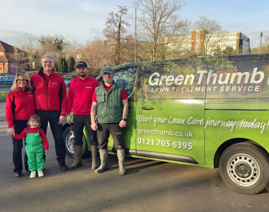 Alexandra Waring-Syms, co-owner of lawn care franchise GreenThumb Solihull, celebrates 20 years in business and gives thumbs up to International Women’s Day